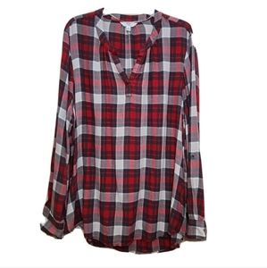 Time And Tru Shirt Plaid Red Grey White V-neck Collarless XL